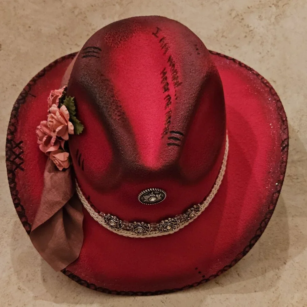 Hot Pink Fedora Cowboy styled hat Burned slogan New Adjustable Custom Made - Picture 2 of 5
